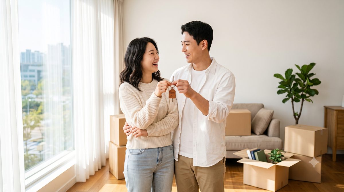 새 집 열쇠를 함께 든 신혼부부
