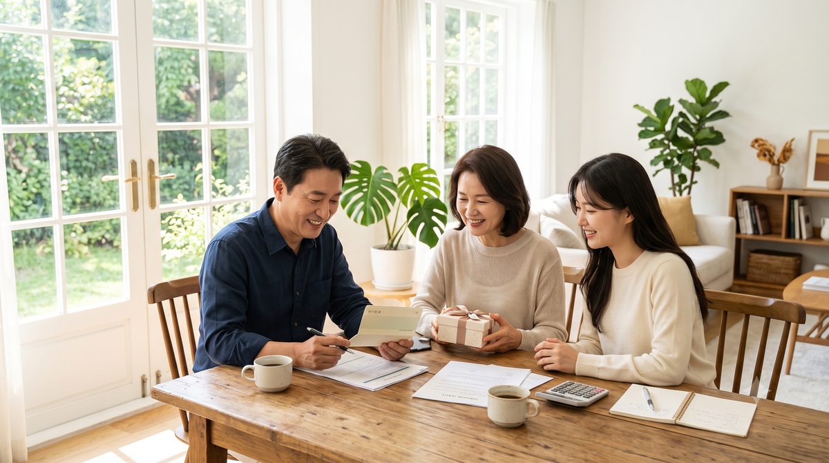 가족이 식탁에서 증여 서류를 함께 살펴보는 모습