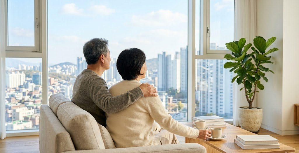 밝은 아파트 거실 창가에 나란히 앉아 노후를 이야기하는 60대 부부 - 국민연금 조기수령과 연기연금 선택