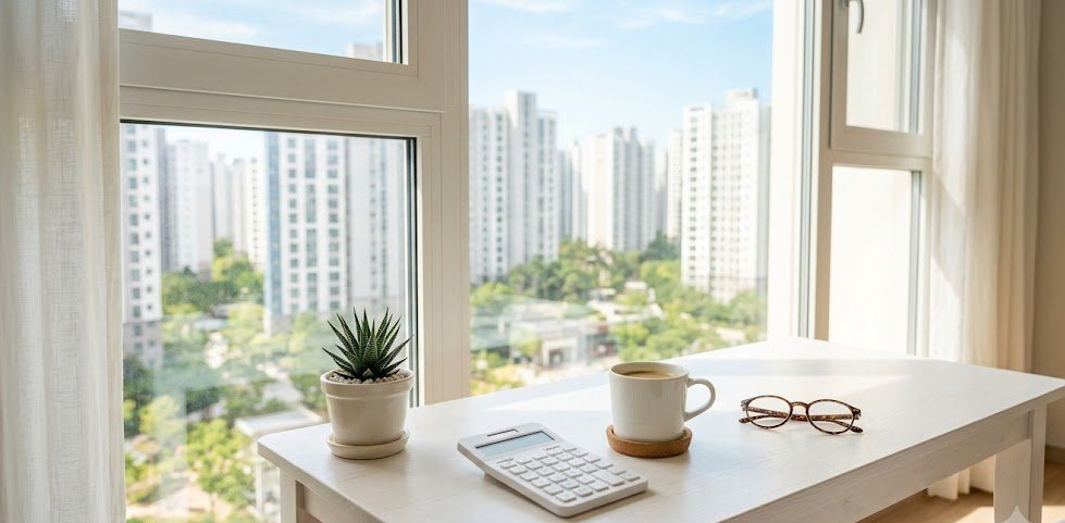 9월 재산세 2기분 고지서를 계산기로 확인하는 밝은 창가 책상