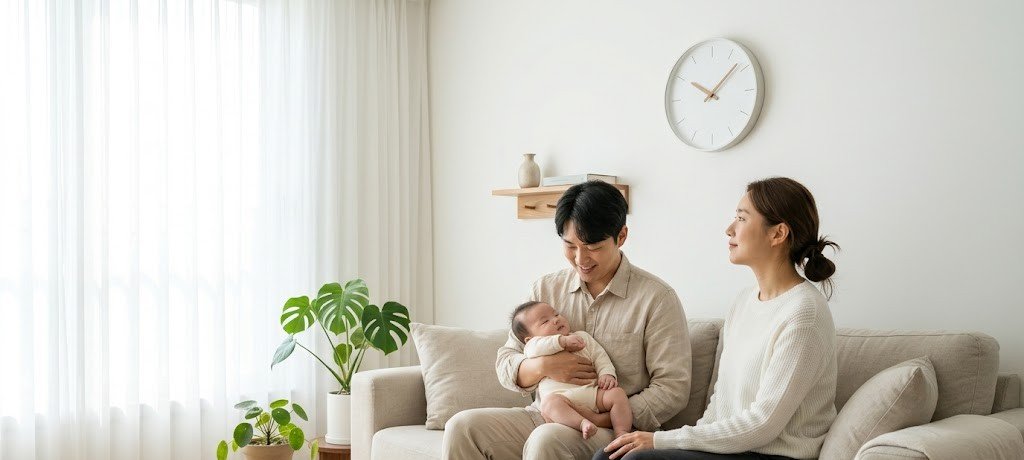 2026년 육아휴직 급여와 육아기 근로시간 단축 급여를 계산하는 부부 - 아기를 안고 있는 부모와 벽시계